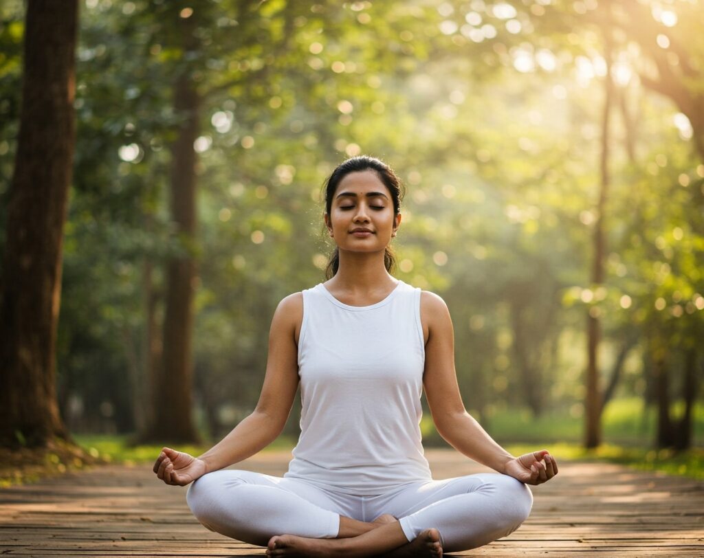 A young woman meditating peacefully under the shade of forest trees, surrounded by nature, embodying tranquility and mindfulness.