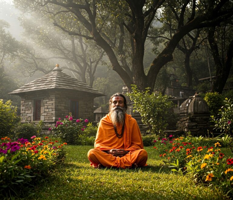 Serene meditation by a yogi near sacred temple grounds