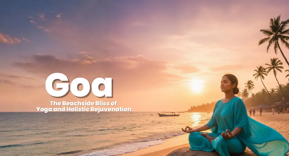 A woman in a flowing teal outfit meditates in the lotus position on a large rock on a sandy beach. Her eyes are closed, and her hands are in a mudra. The setting sun casts a warm orange and pink glow across the sky and the calm ocean. In the background, palm trees lean over the beach, and the silhouette of a small boat is visible on the water. Other faint figures can be seen along the shoreline, adding to the bustling yet serene atmosphere typical of a Goa sunset.