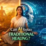 Illustration showing traditional healing and artificial intelligence side by side, with an Ayurvedic meditation scene on one side and futuristic AI technology on the other, symbolizing the question of whether AI can replace traditional healing.