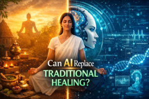 Illustration showing traditional healing and artificial intelligence side by side, with an Ayurvedic meditation scene on one side and futuristic AI technology on the other, symbolizing the question of whether AI can replace traditional healing.