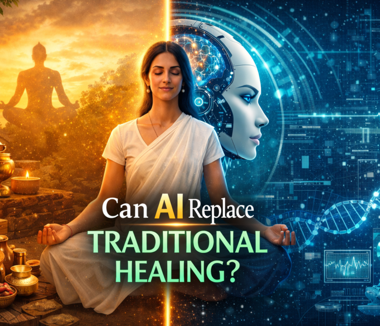 Illustration showing traditional healing and artificial intelligence side by side, with an Ayurvedic meditation scene on one side and futuristic AI technology on the other, symbolizing the question of whether AI can replace traditional healing.