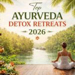 Woman meditating at a Kerala riverside Ayurveda detox retreat with traditional Panchakarma setup, tropical palms, and lush greenery for 2026 wellness travel.