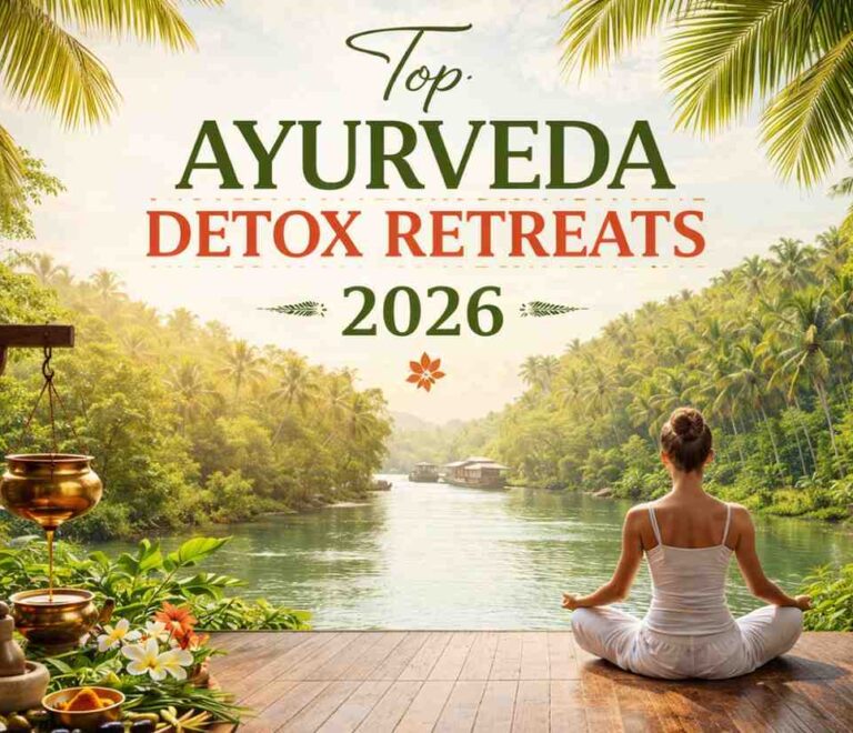 Woman meditating at a Kerala riverside Ayurveda detox retreat with traditional Panchakarma setup, tropical palms, and lush greenery for 2026 wellness travel.