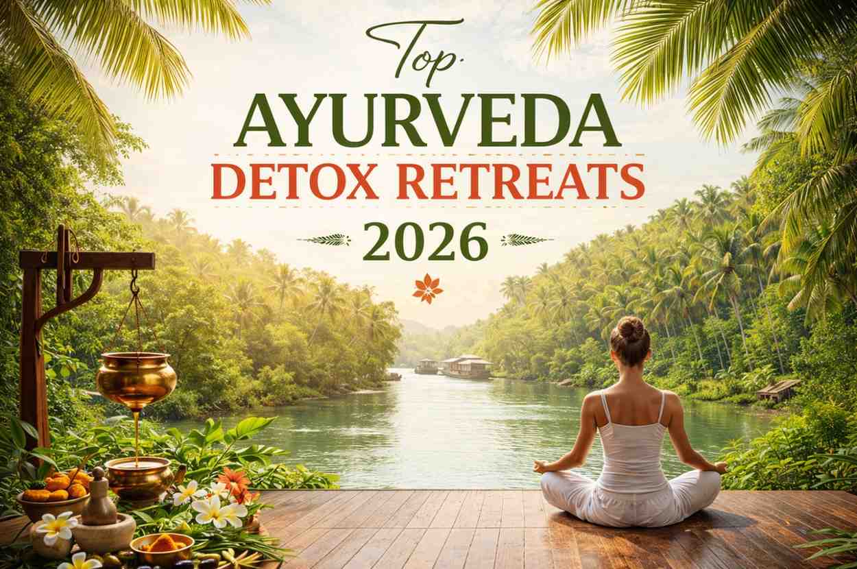 Woman meditating at a Kerala riverside Ayurveda detox retreat with traditional Panchakarma setup, tropical palms, and lush greenery for 2026 wellness travel.