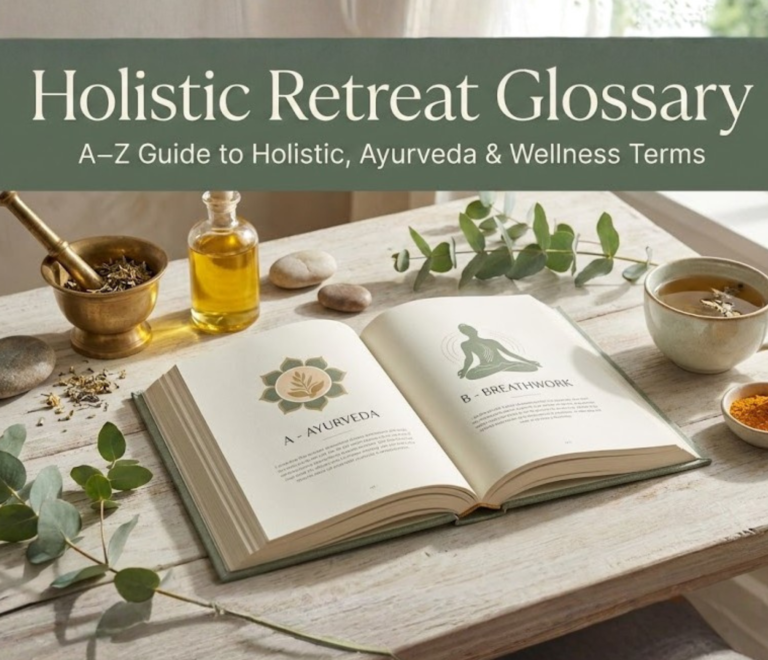 A serene book cover titled "Holistic Retreat Glossary: A–Z Guide to Holistic, Ayurveda & Wellness Terms." The image features an open book on a light wooden table surrounded by a mortar and pestle, eucalyptus leaves, herbal tea, and turmeric powder in soft, natural sunlight.
