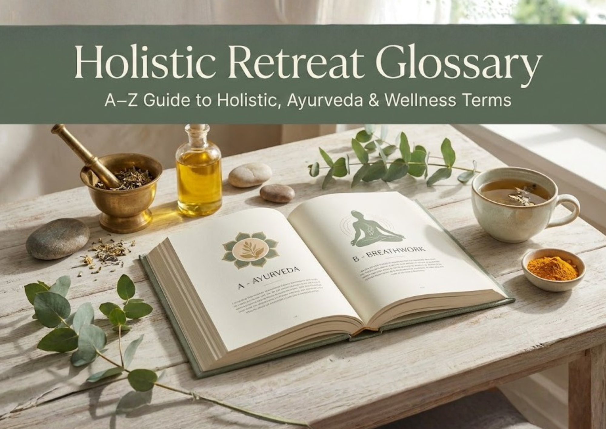 A serene book cover titled "Holistic Retreat Glossary: A–Z Guide to Holistic, Ayurveda & Wellness Terms." The image features an open book on a light wooden table surrounded by a mortar and pestle, eucalyptus leaves, herbal tea, and turmeric powder in soft, natural sunlight.