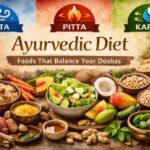 Ayurvedic diet foods with fruits, vegetables, grains, and spices representing Vata, Pitta, and Kapha doshas for natural balance and holistic wellness.