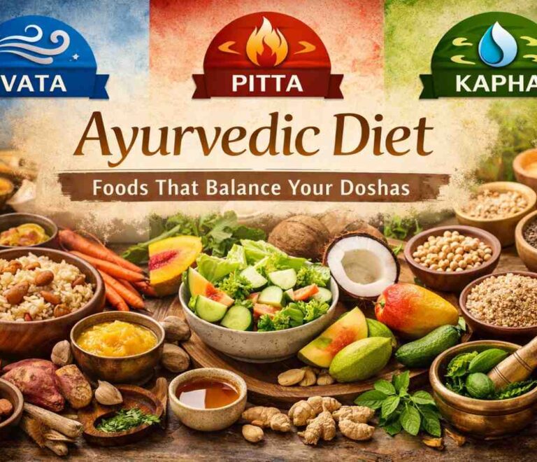 Ayurvedic diet foods with fruits, vegetables, grains, and spices representing Vata, Pitta, and Kapha doshas for natural balance and holistic wellness.