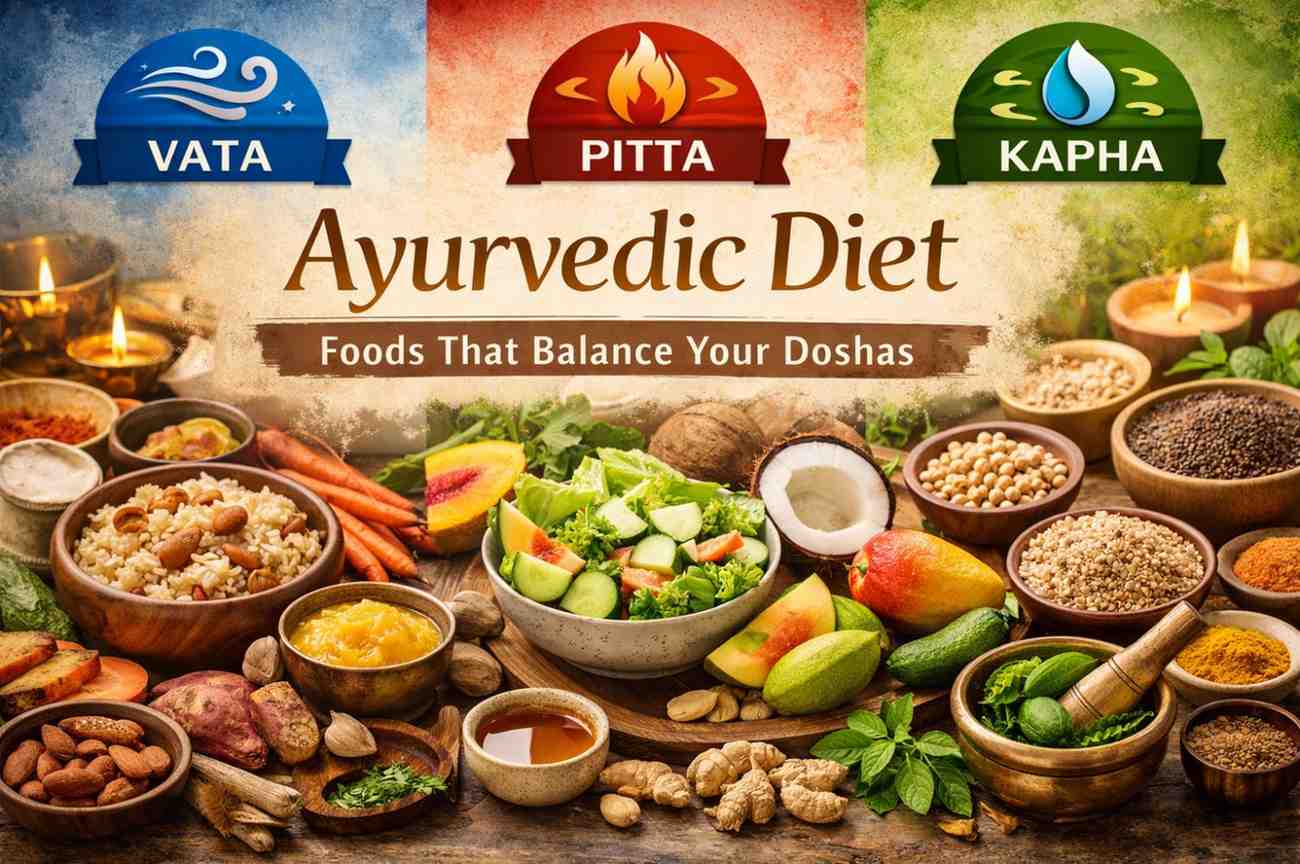 Ayurvedic diet foods with fruits, vegetables, grains, and spices representing Vata, Pitta, and Kapha doshas for natural balance and holistic wellness.