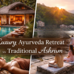 Split image showing a luxury Ayurveda retreat villa with private pool and Shirodhara therapy on one side, and a traditional yoga ashram with group meditation by the river in India on the other.