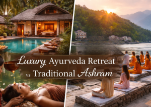 Split image showing a luxury Ayurveda retreat villa with private pool and Shirodhara therapy on one side, and a traditional yoga ashram with group meditation by the river in India on the other.