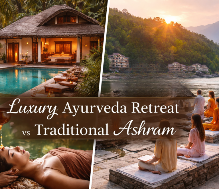 Split image showing a luxury Ayurveda retreat villa with private pool and Shirodhara therapy on one side, and a traditional yoga ashram with group meditation by the river in India on the other.