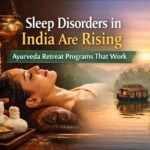 Ayurvedic Shirodhara therapy for insomnia treatment with Kerala backwaters sunrise background – sleep disorders in India Ayurveda retreat programs cover image