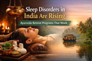 Ayurvedic Shirodhara therapy for insomnia treatment with Kerala backwaters sunrise background – sleep disorders in India Ayurveda retreat programs cover image