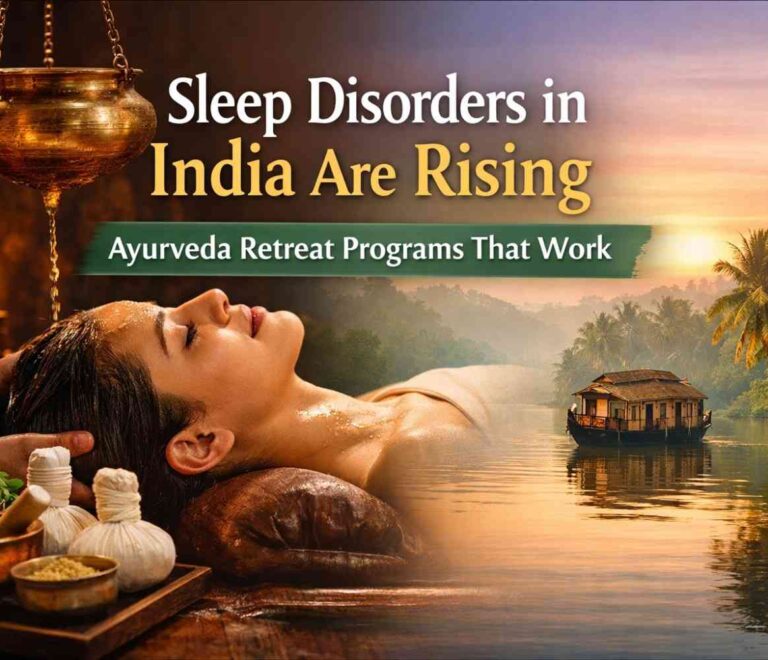 Ayurvedic Shirodhara therapy for insomnia treatment with Kerala backwaters sunrise background – sleep disorders in India Ayurveda retreat programs cover image