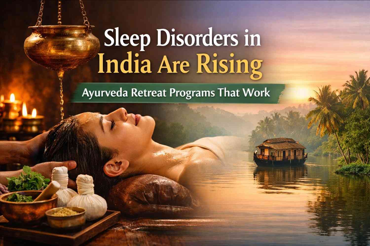 Ayurvedic Shirodhara therapy for insomnia treatment with Kerala backwaters sunrise background – sleep disorders in India Ayurveda retreat programs cover image
