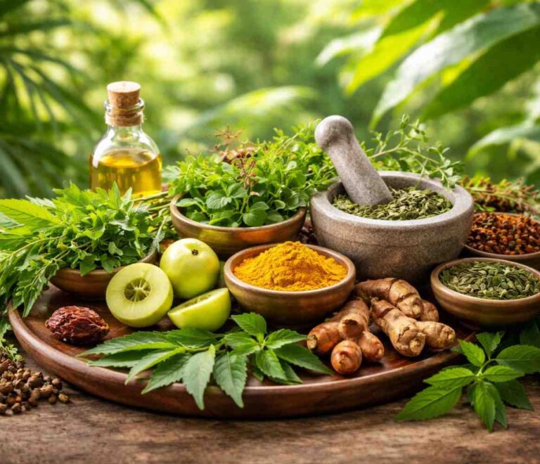 Realistic Ayurvedic medicinal plants in Kerala including neem leaves, tulsi, amla, turmeric powder, ginger roots, and herbal oil arranged on a wooden table.