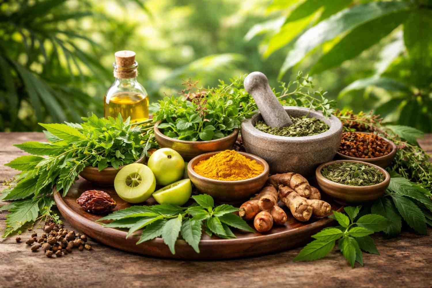Realistic Ayurvedic medicinal plants in Kerala including neem leaves, tulsi, amla, turmeric powder, ginger roots, and herbal oil arranged on a wooden table.