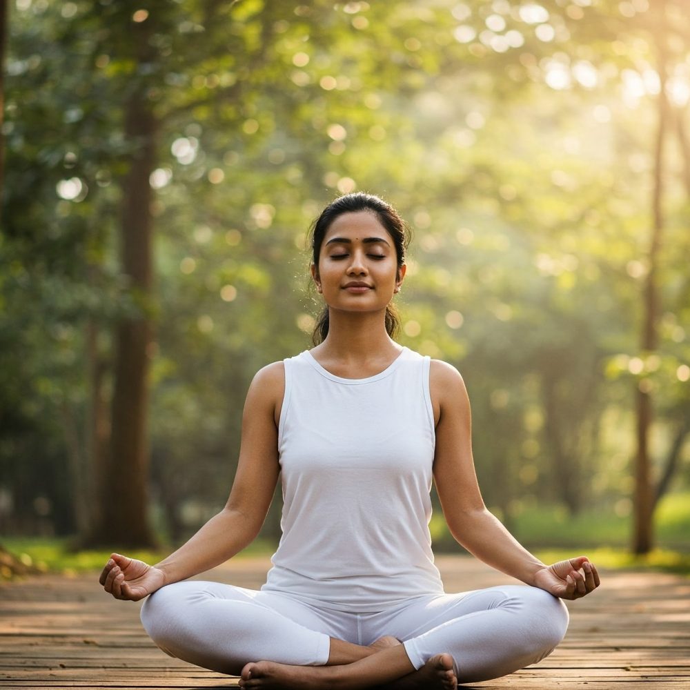 lady-meditating A young woman meditating peacefully under the shade of forest trees, surrounded by nature, embodying tranquility and mindfulness.